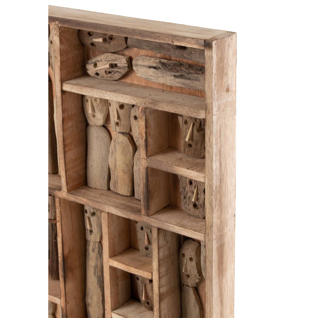 Close-up detail of the reclaimed wood compartments showing the carved figures and aged handcrafted texture.