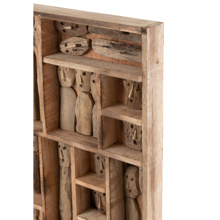 Close-up detail of the reclaimed wood compartments showing the carved figures and aged handcrafted texture.