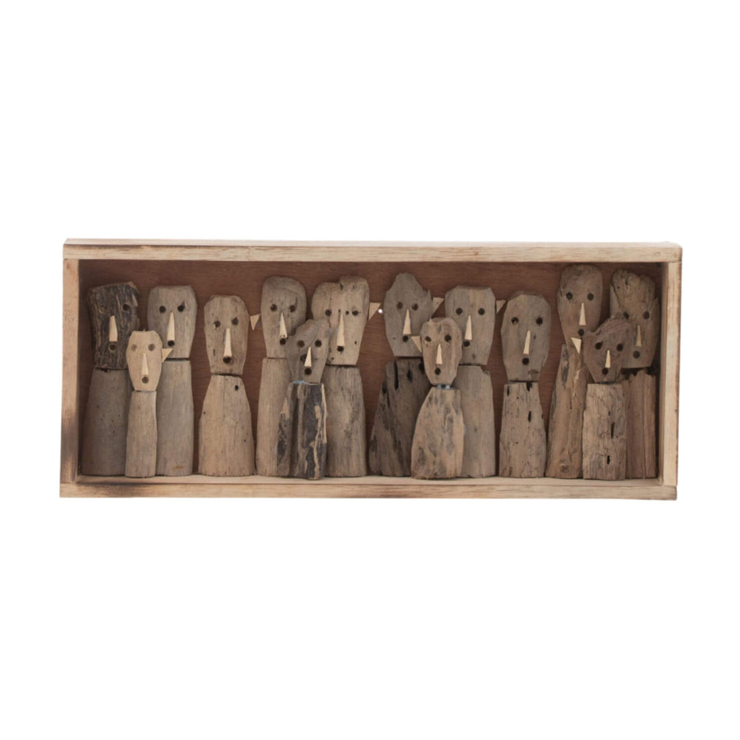 Ralla Square Wall Deco with carved wooden figures made from reclaimed wood in a rustic frame.