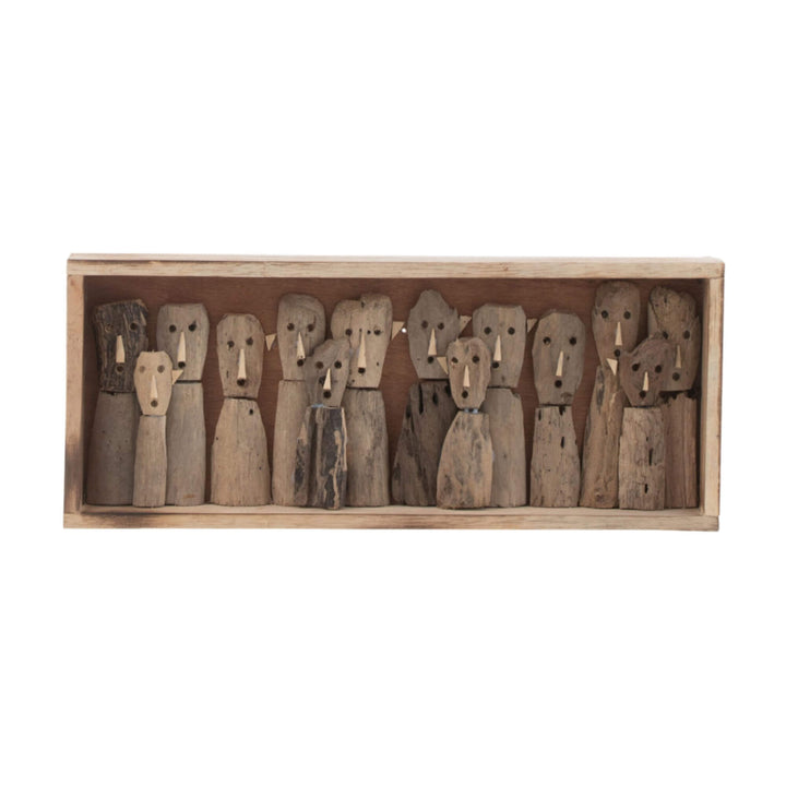 Ralla Square Wall Deco with carved wooden figures made from reclaimed wood in a rustic frame.