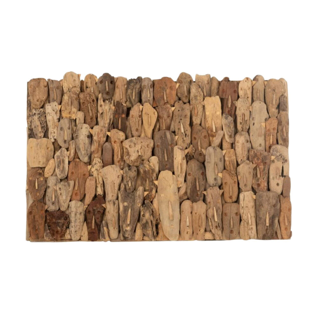 Full view of Ralla Wall Deco artwork made from reclaimed teak wood in earthy tones.