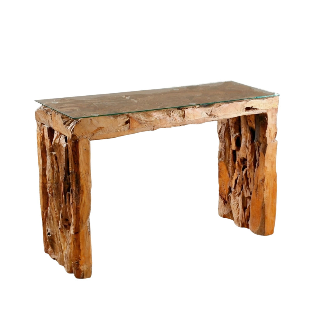 Front view of the Rapa console table made from recycled teak wood with a clear glass top.