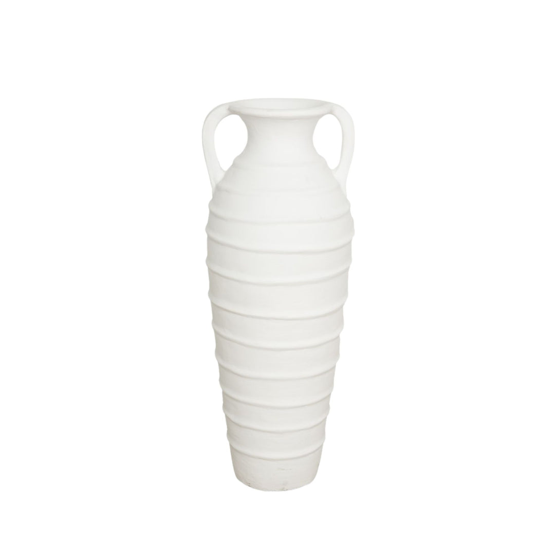Front view of the Raswa white terracotta vase with ribbed texture and side handles.