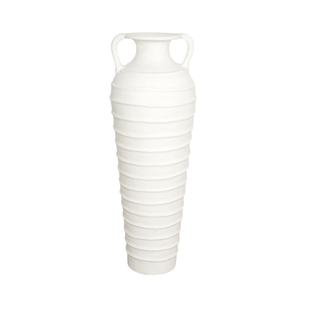 Front view of the Raswa white terracotta vase with ribbed texture and side handles.