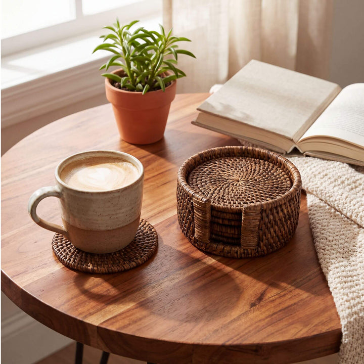 Styled tabletop setting featuring the rattan coaster set beside a ceramic mug on a wooden table.
