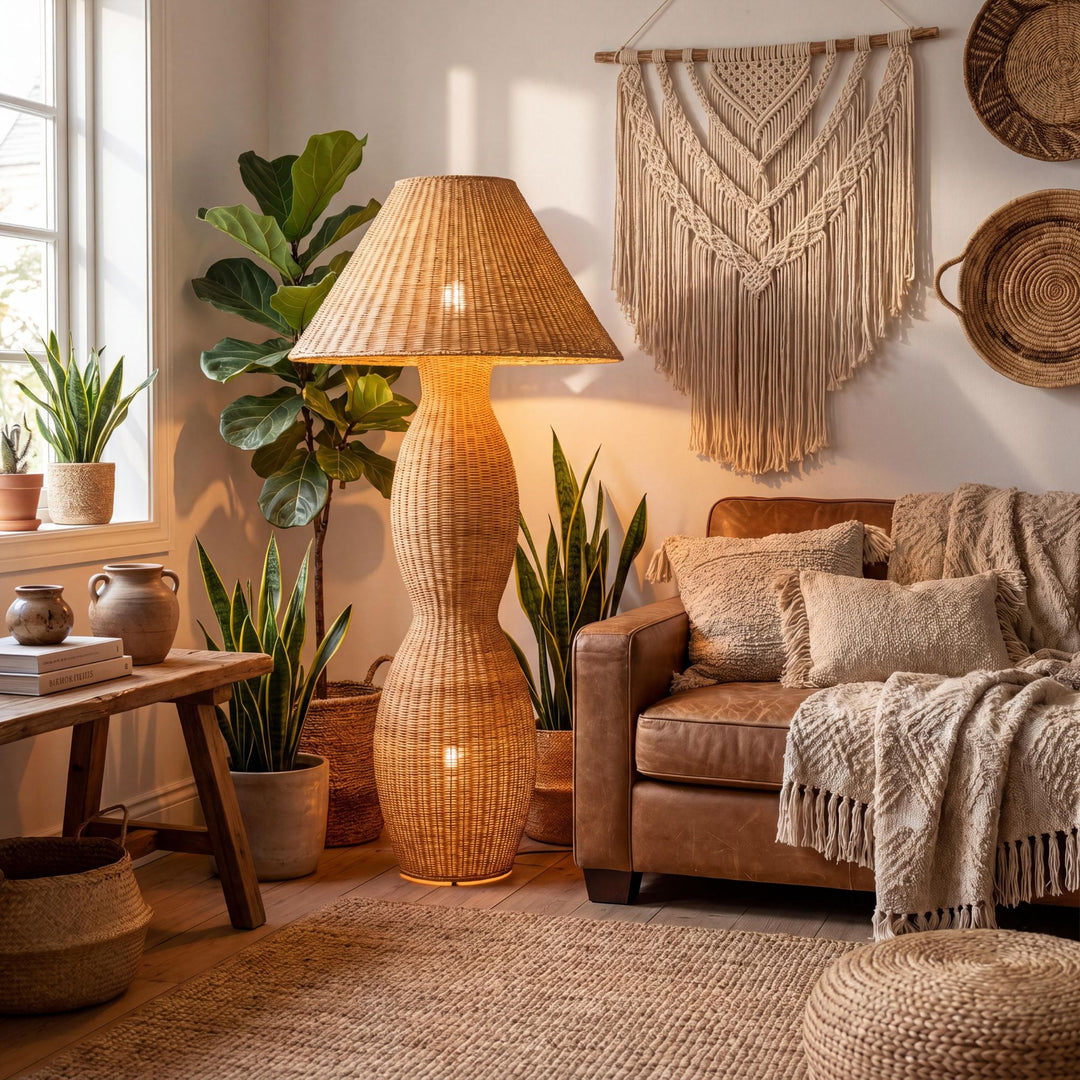Styled interior setting featuring the rattan floor lamp in a warm natural living space.