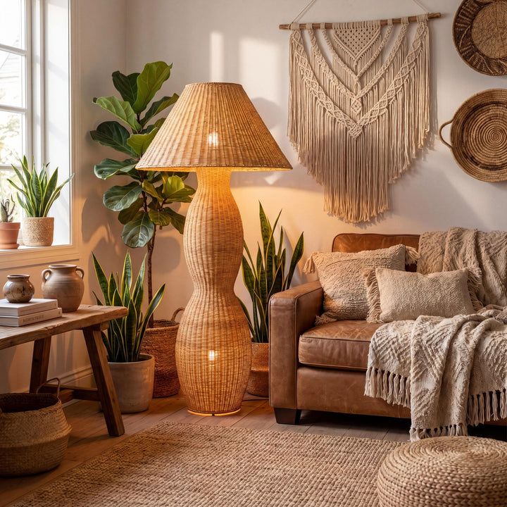 Styled interior setting featuring the rattan floor lamp in a warm natural living space.