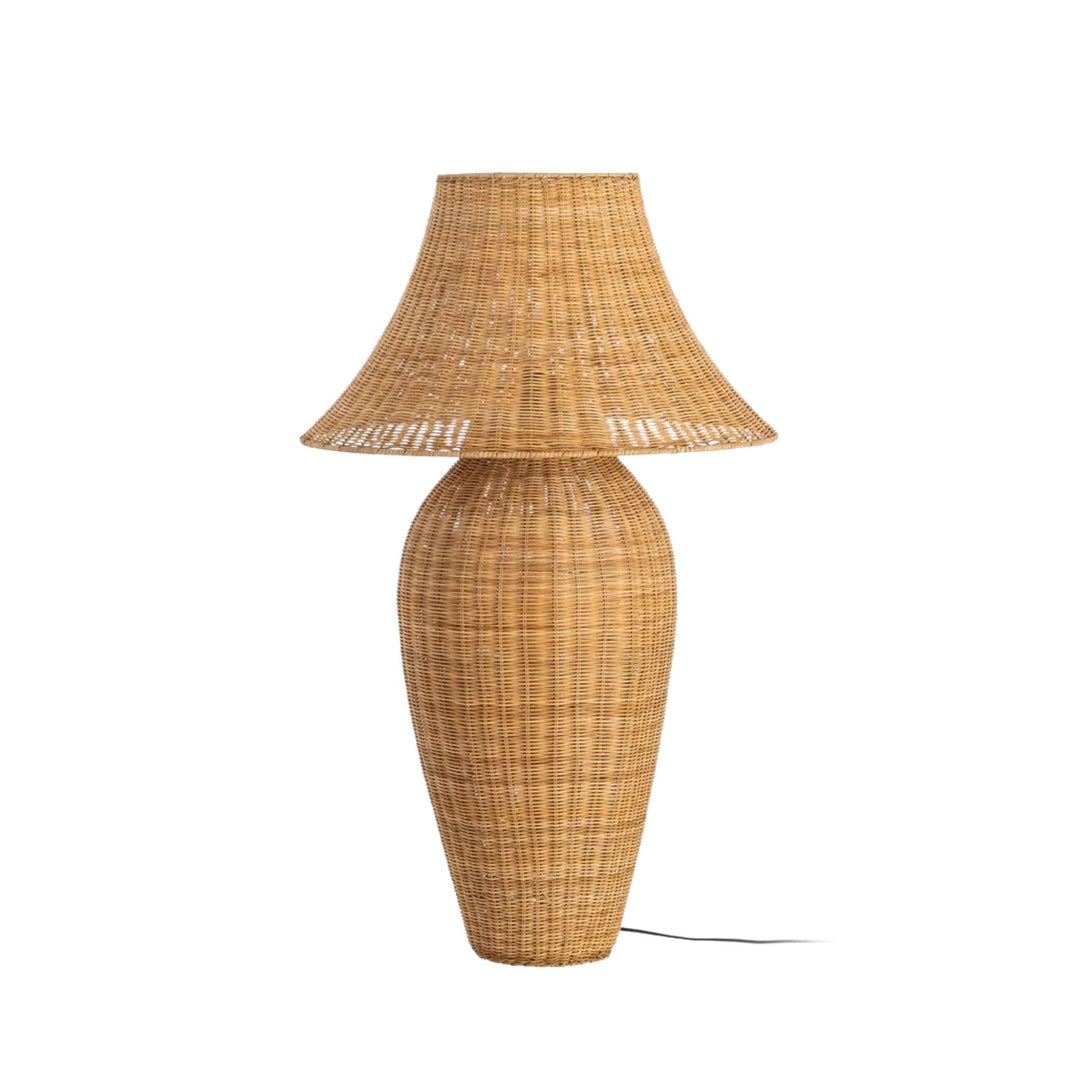 Front view of the rattan floor lamp showing its woven base and wide handcrafted shade.