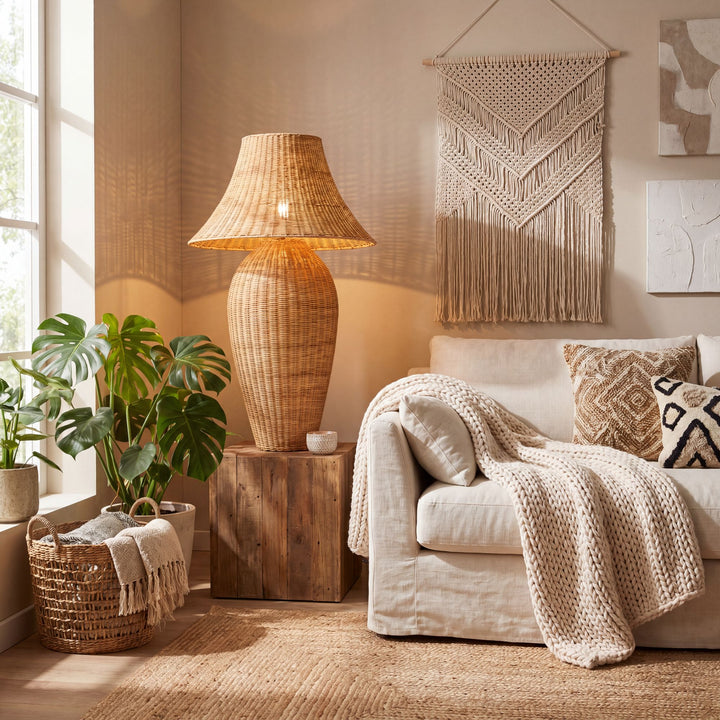 Styled interior setting featuring the rattan floor lamp in a warm natural living space.