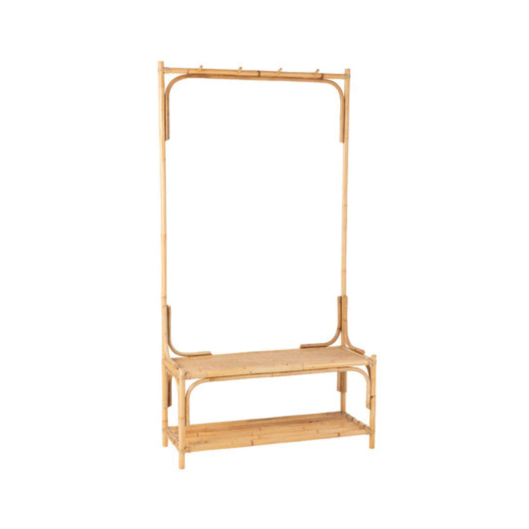 Angled front view of rattan hanger bench showing full structure