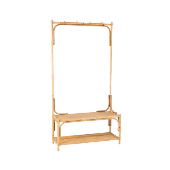 Angled front view of rattan hanger bench showing full structure