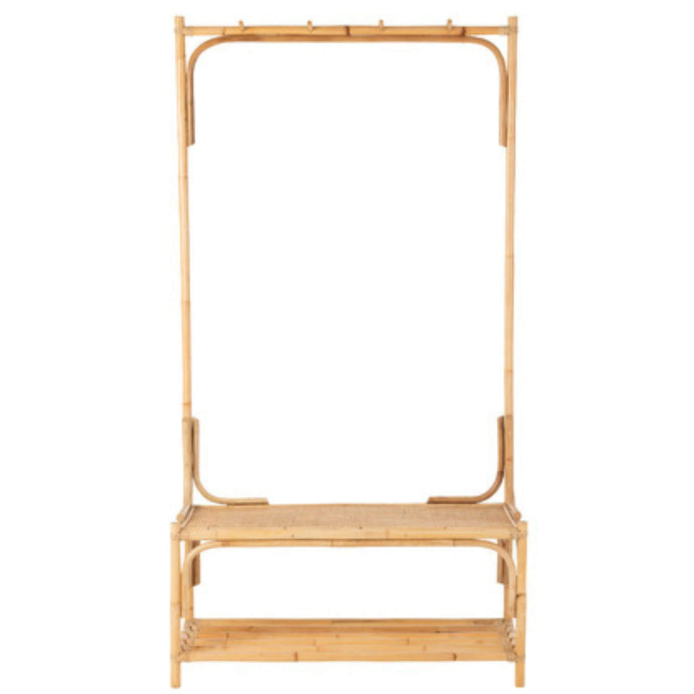 Front view of rattan hanger bench with integrated hooks and woven seat