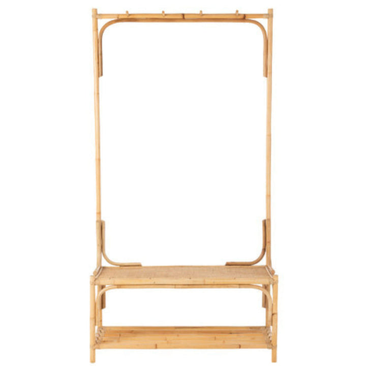 Front view of rattan hanger bench with integrated hooks and woven seat