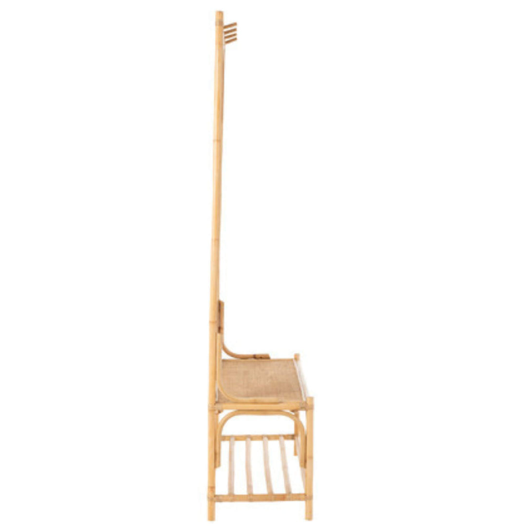 Side profile view of tall rattan and bamboo hanger bench