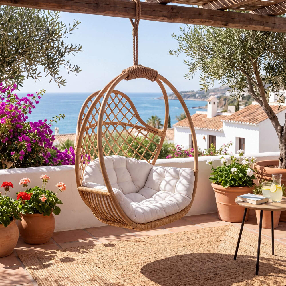Rattan Nest hanging chair styled on a Mediterranean terrace overlooking the sea