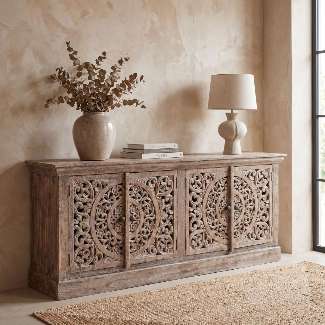 Styled interior setting featuring the Rawa buffet in a warm rustic space with natural decor.
