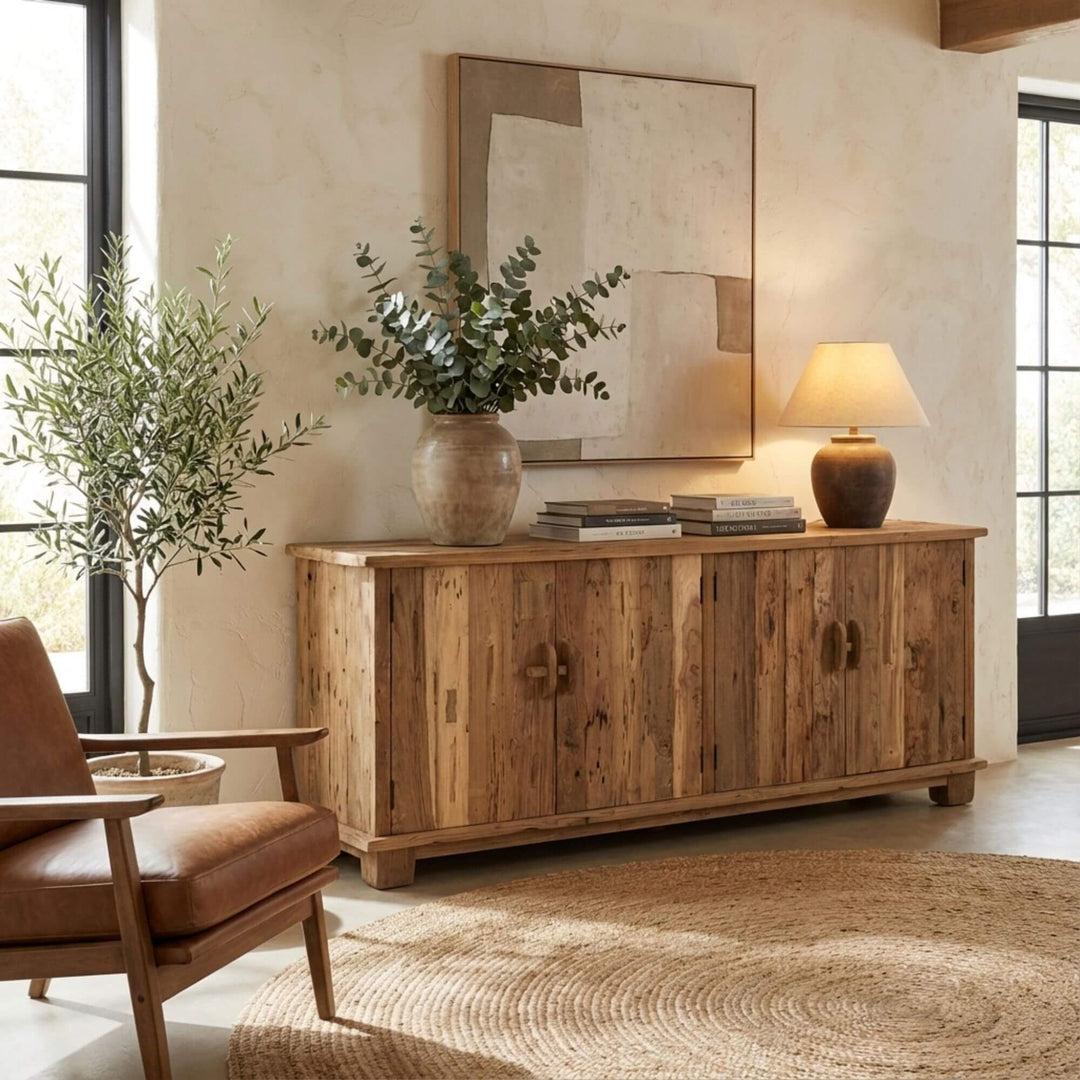 Interior scene featuring the Recycled Teak Buffet styled in a modern Mediterranean living space.