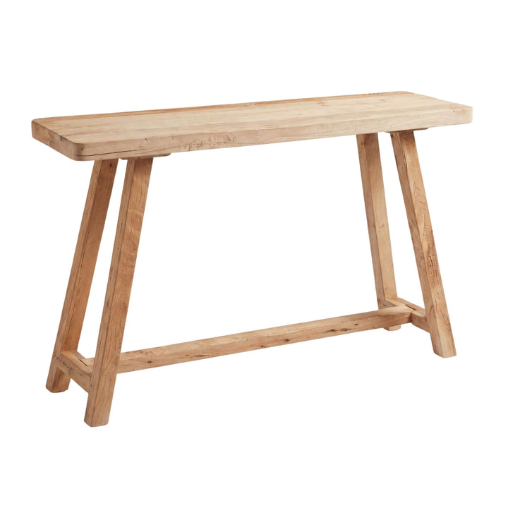 Front view of the recycled wood console showing its clean trestle-style structure and natural aged wood finish.