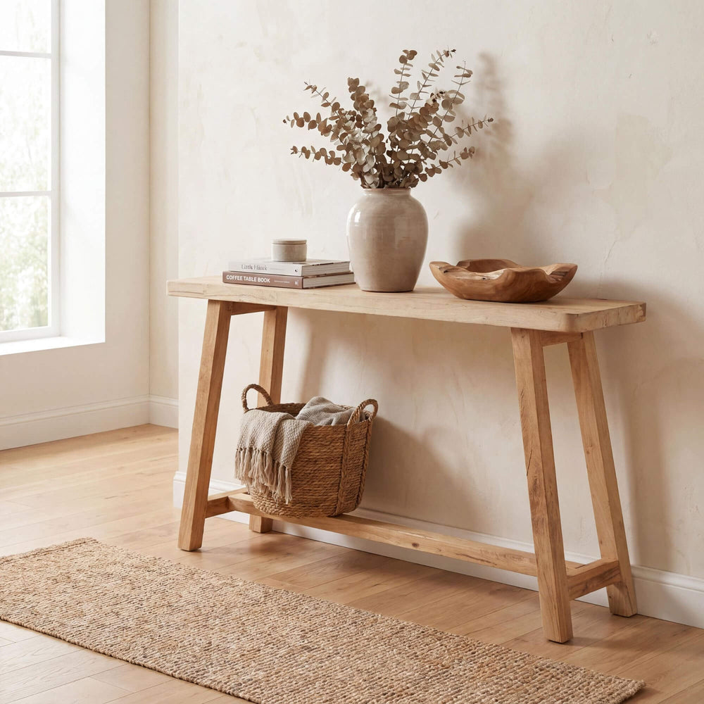 Styled interior setting featuring the recycled wood console in a warm natural hallway space.
