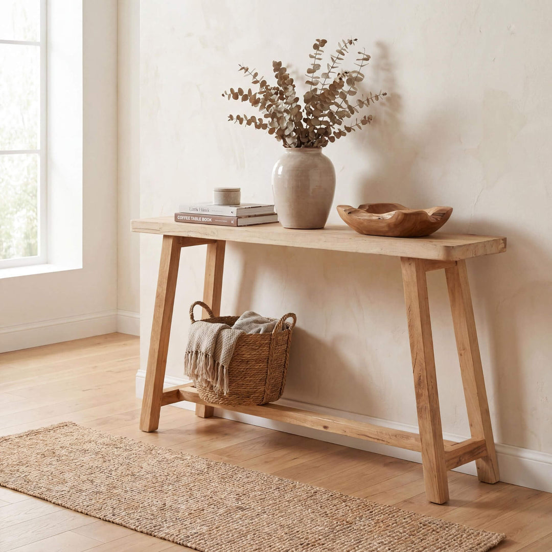 Styled interior setting featuring the recycled wood console in a warm natural hallway space.