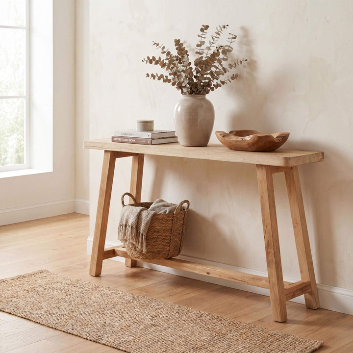 Styled interior setting featuring the recycled wood console in a warm natural hallway space.