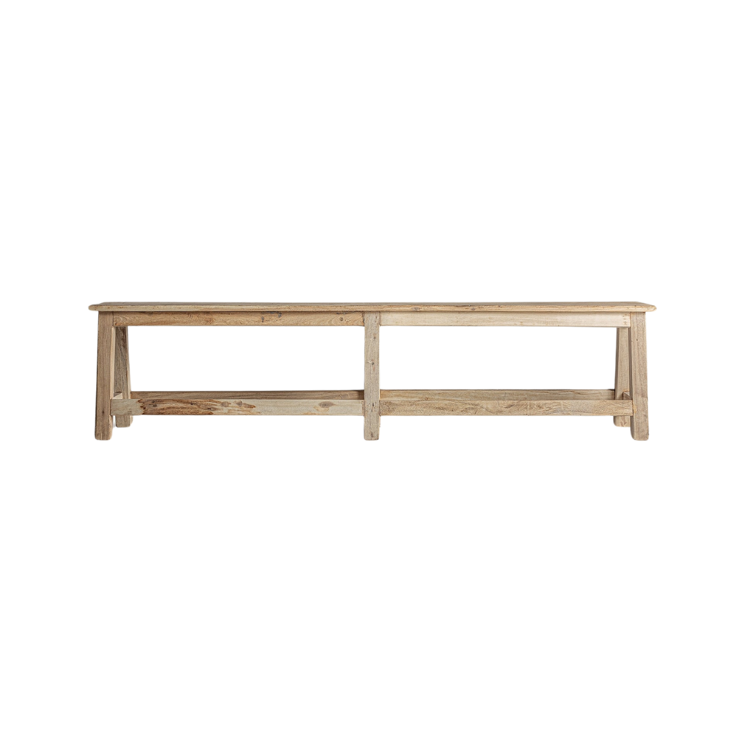 Reethi teak wood bench with a distressed finish on a white background