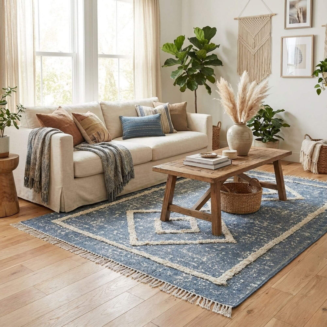 Styled interior scene featuring the Refren Rug placed under a coffee table in a living room.