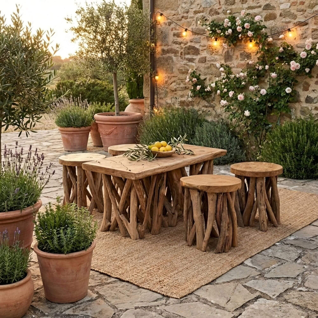 Outdoor setting with Rimatara teak root coffee table and stools on a stone patio, surrounded by potted plants and string lights.