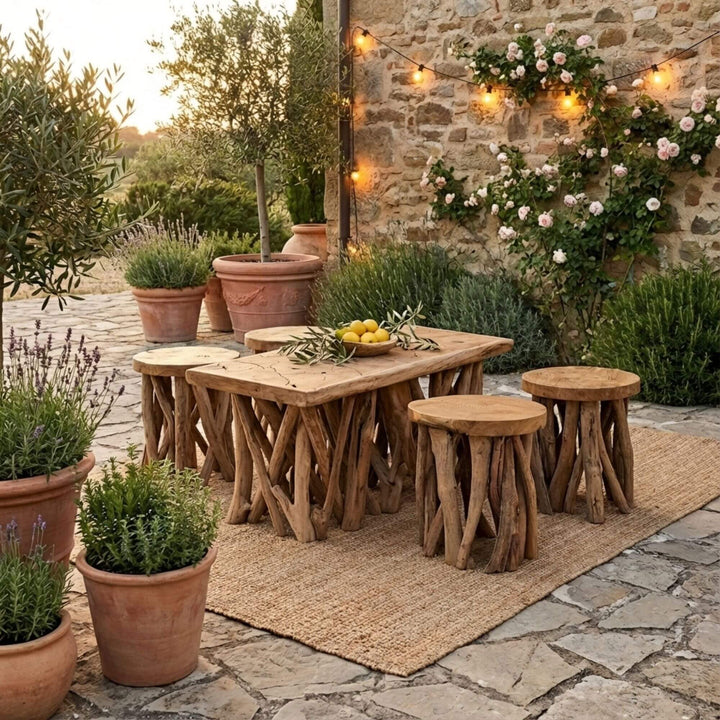 Outdoor setting with Rimatara teak root coffee table and stools on a stone patio, surrounded by potted plants and string lights.