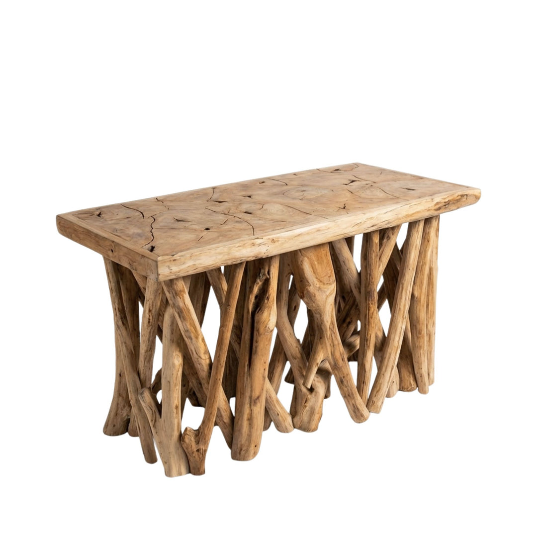 Wooden Rimatara teak wood coffee table with natural branch-like design on a white background