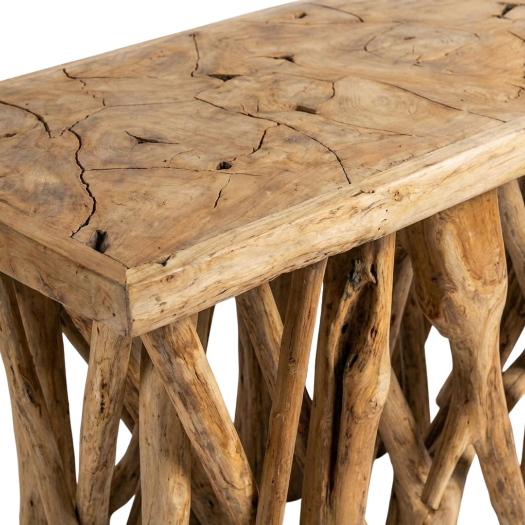 Close up of Rimatara teak wood coffee table with natural branch-like design on a white background