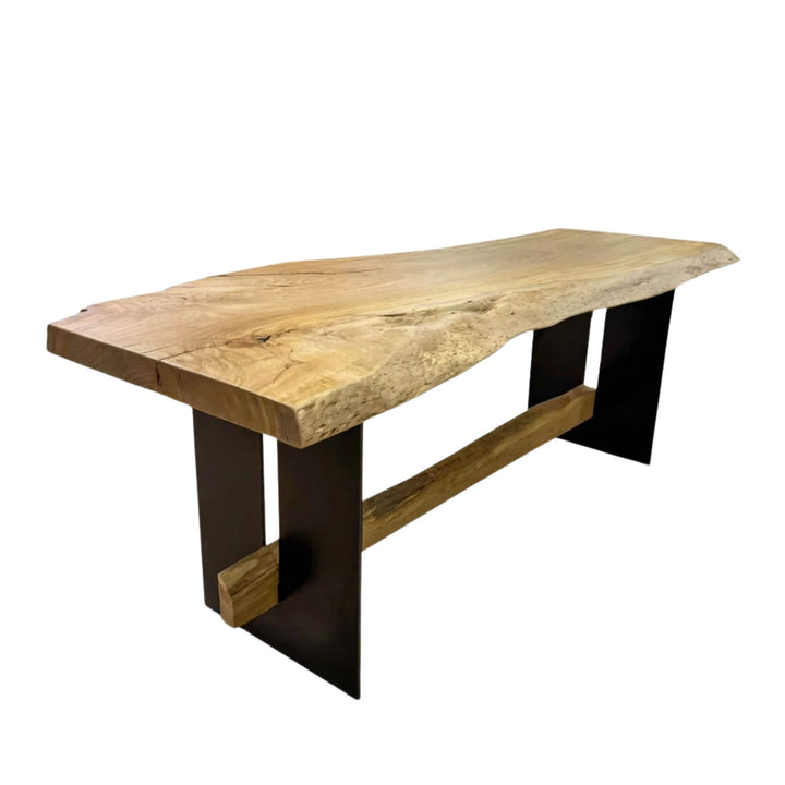 Wooden Rimba oak bar table with black metal legs on a white background