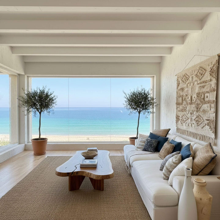 Modern living room with a view of the ocean, featuring a white Rimini sofa, wooden coffee table, and decorative elements.