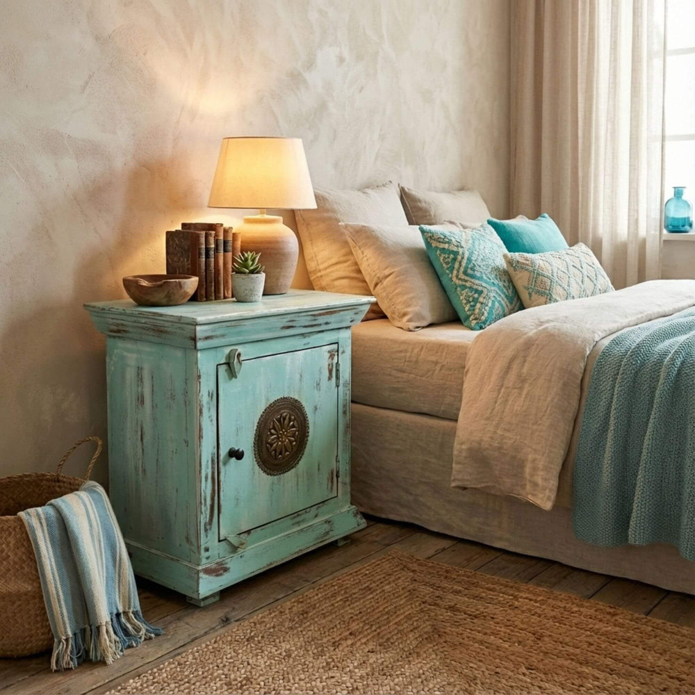 Cozy bedroom with a teal Rinagar nightstand, lamp, and pillows on a beige bed.