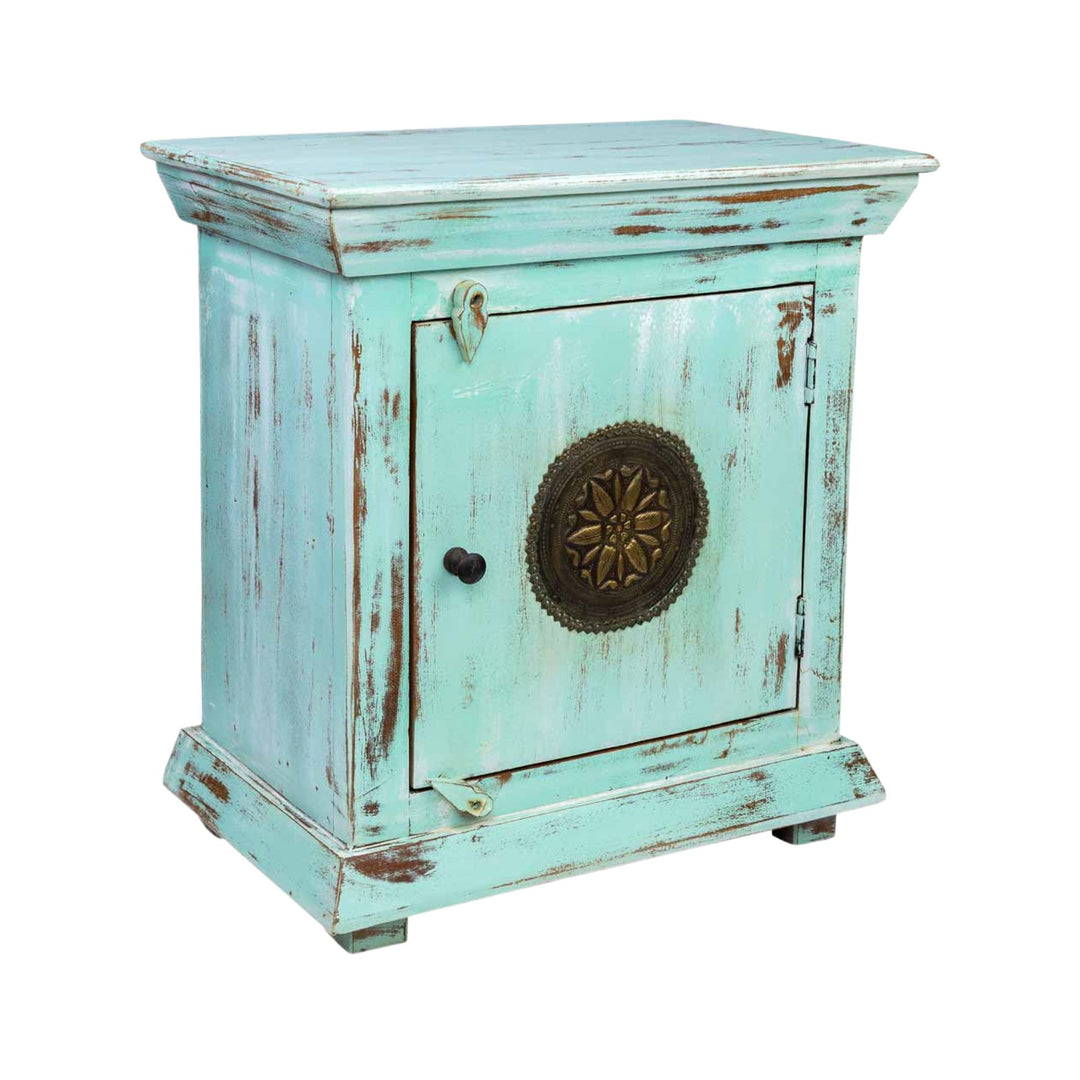 Angled view of the Rinagar bedside table showing its compact proportions and vintage design.