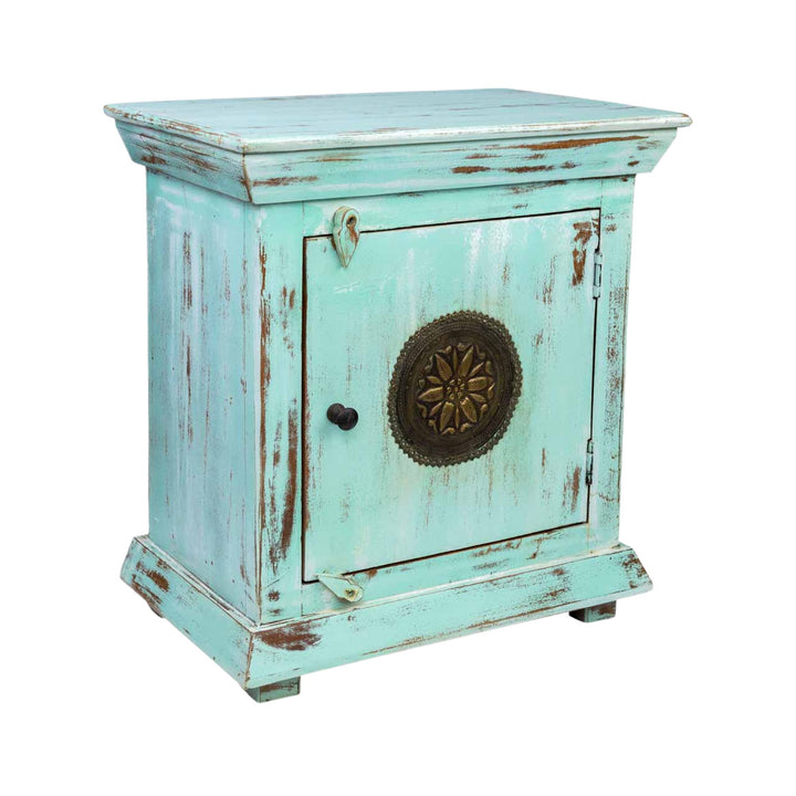 Angled view of the Rinagar bedside table showing its compact proportions and vintage design.