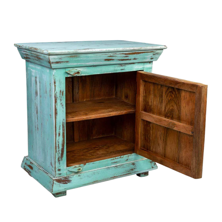 Open cabinet view of the Rinagar bedside table revealing interior storage space.