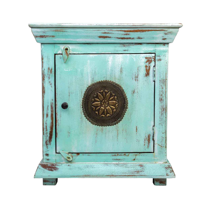 Front view of the Rinagar bedside table made from reclaimed wood with a distressed turquoise finish.