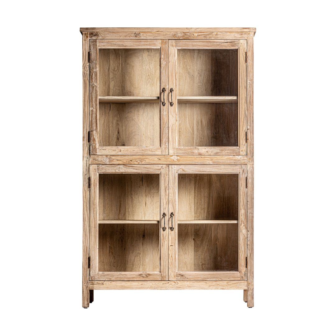 Front view of the Rin Cabinet made from solid mango wood with glass doors.