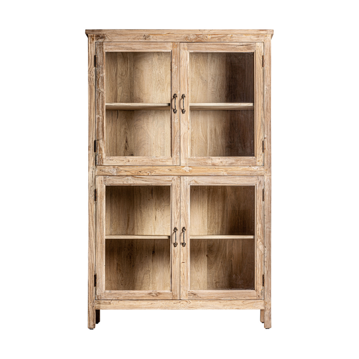 Front view of the Rin Cabinet made from solid mango wood with glass doors.