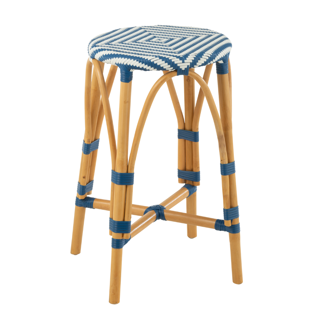 Front view of Riviera Bistro Kitchen Stool with natural rattan frame and blue-and-white woven seat.