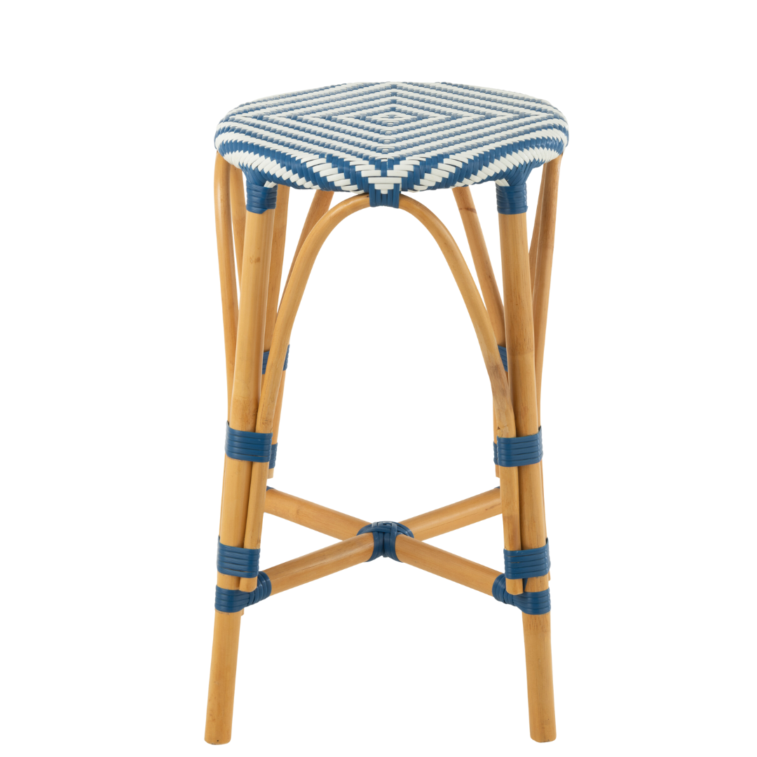 Side view of Riviera Bistro Kitchen Stool showing curved rattan legs and woven seat pattern.