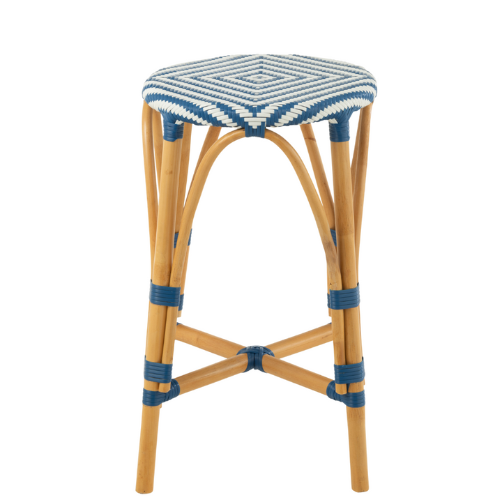 Side view of Riviera Bistro Kitchen Stool showing curved rattan legs and woven seat pattern.