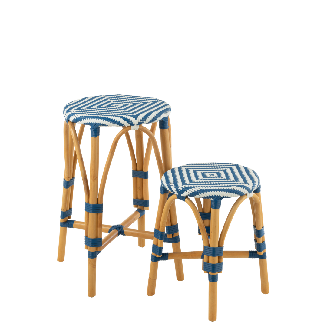 Front view of Riviera Bistro Kitchen Stool and Reiviera Stool with natural rattan frame and blue-and-white woven seat.