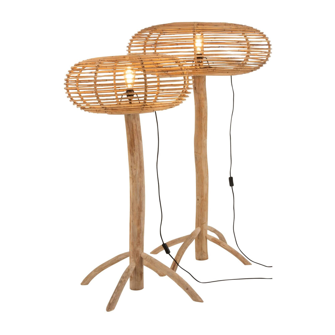 Pair of Robi floor lamps with rattan shades and teak wood bases
