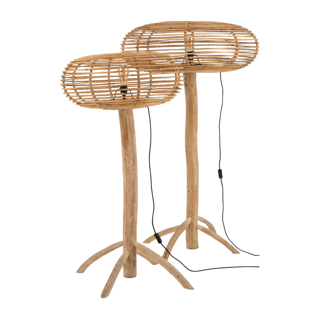 Two sizes of Robi rattan and teak floor lamp side by side