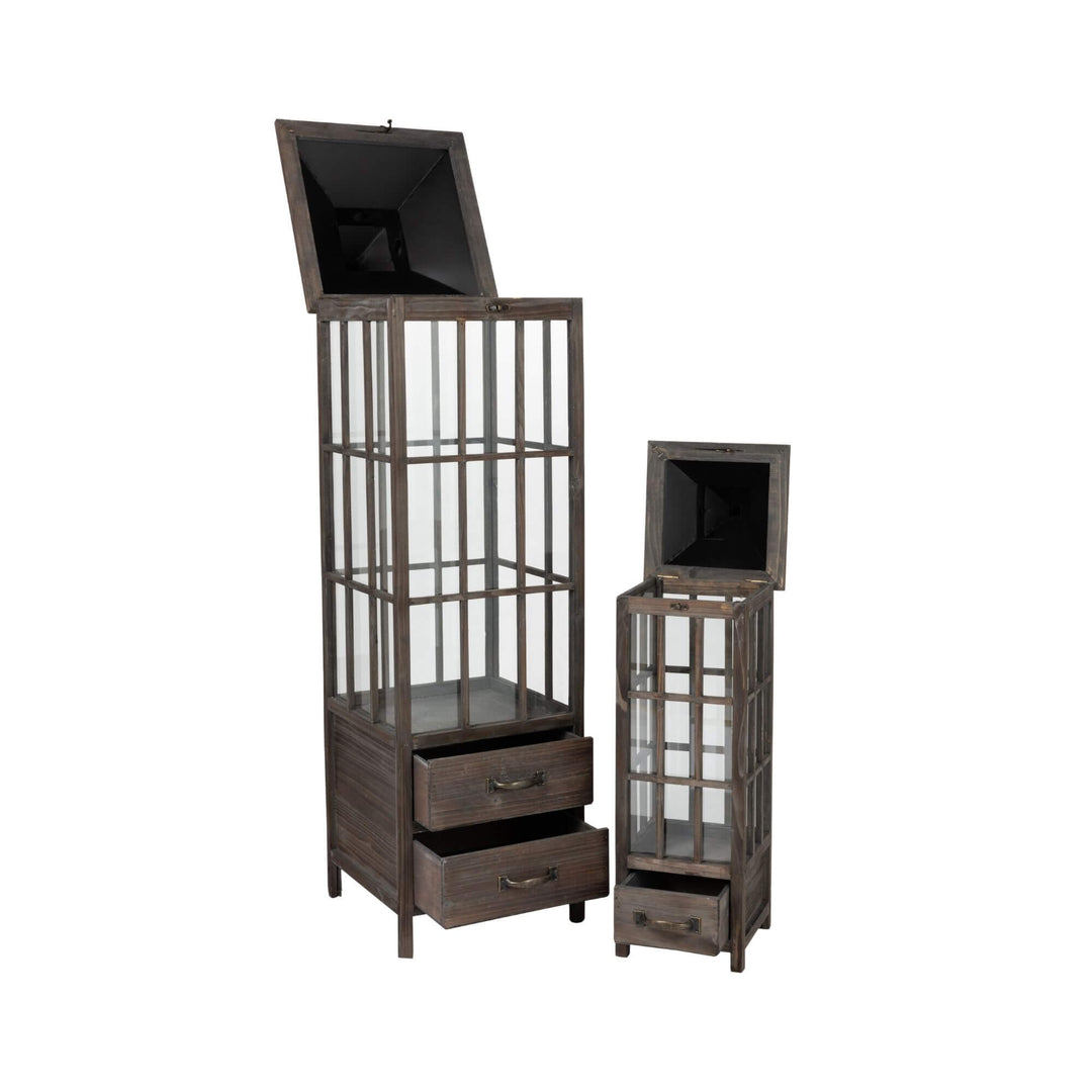 Front view of Roman wooden lanterns in two sizes showcasing their tall architectural structure and glass panels.