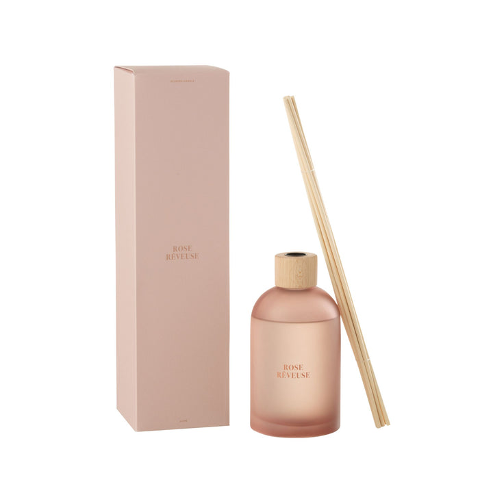 Large Rose Rêveuse Diffuser in frosted rose glass with reeds and packaging.