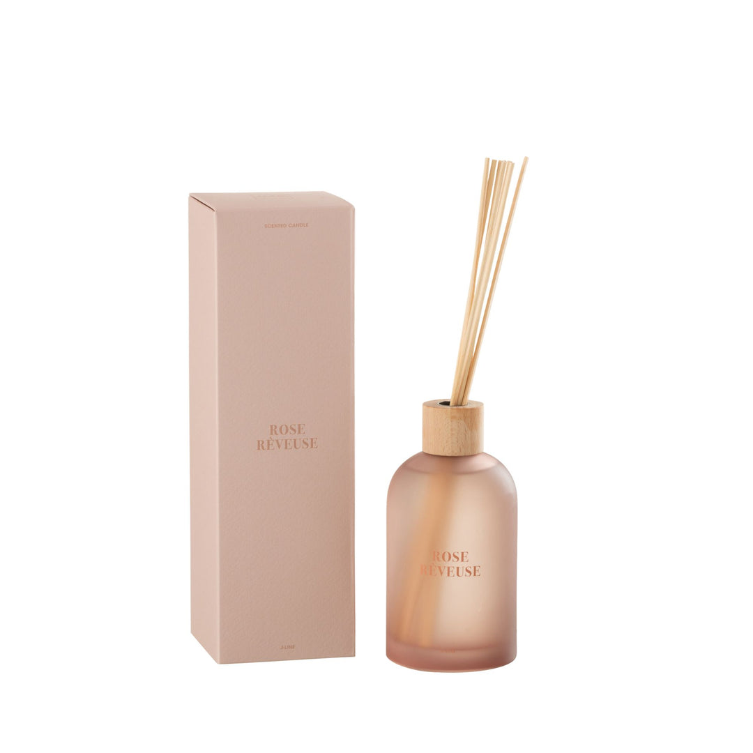 Small Rose Rêveuse Diffuser in frosted rose glass with reeds and packaging.