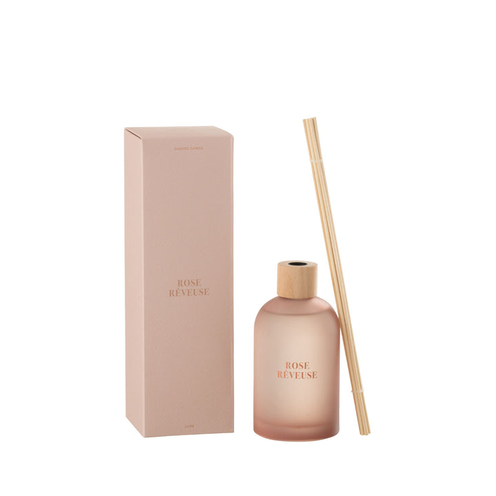 Small Rose Rêveuse Diffuser in frosted rose glass with reeds and packaging.